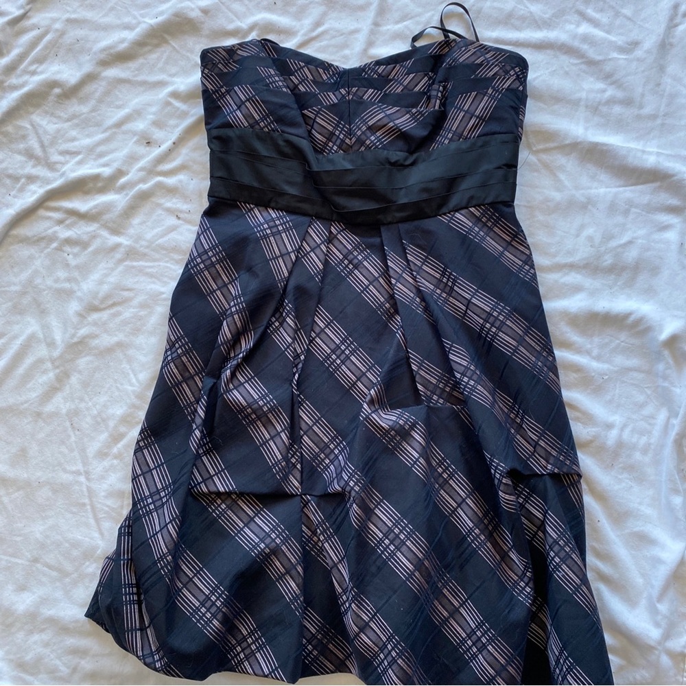 BCBG MaxAzria Plaid Pleated Taffeta Strapless Cocktail Dress Black Pink Size 8